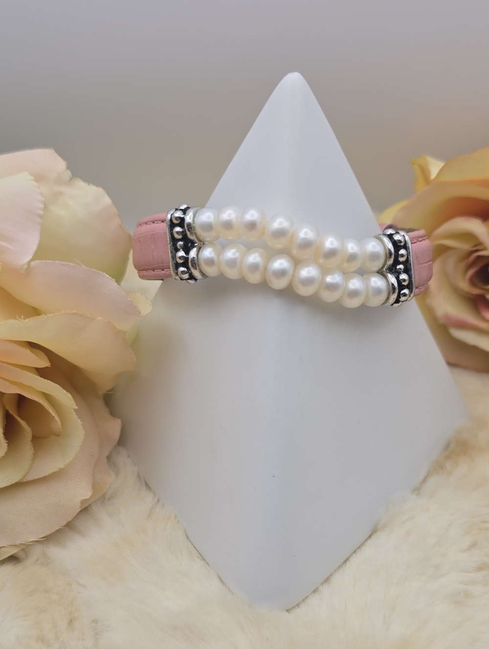 Honora Vintage Pink Leather Double Row Cultured Freshwater Pearl Buckle Bracelet